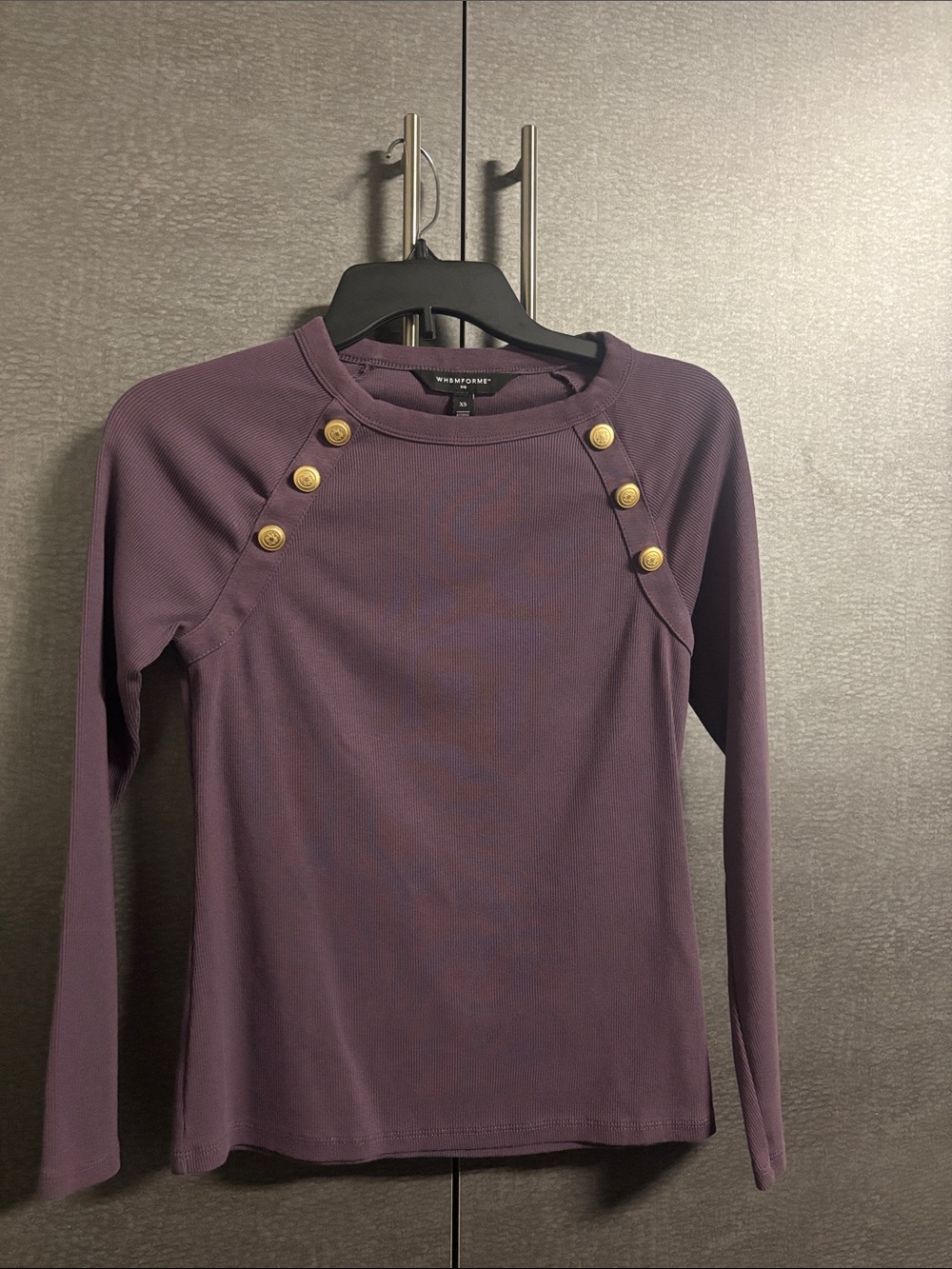 White House Black Market Plum Long-Sleeve Top with Gold Button Detail